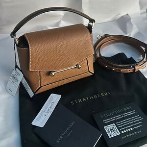 NWT STRATHBERRY Mosaic Nano Leather Top-Handle Bag Tan with Vanilla Stitch